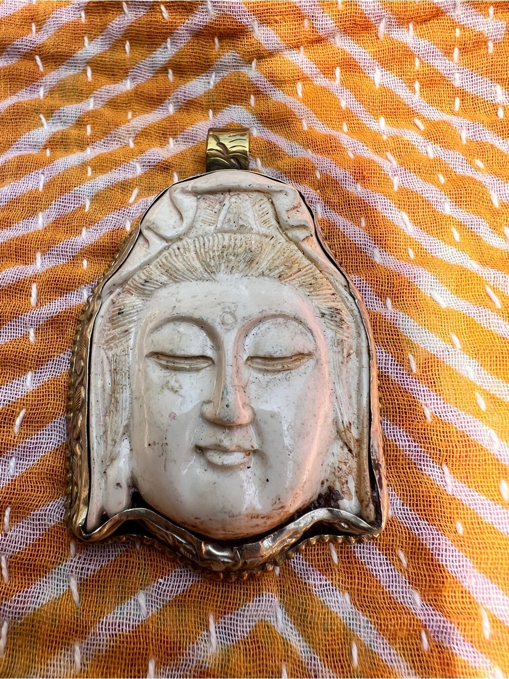 Carved Tibetan Silver Guan Yin Pendant with Gold tone & silver